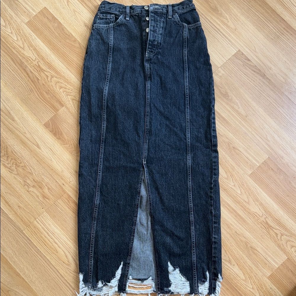 Topshop Black Denim Maxi Skirt Button Fly Deconstructed Size 4